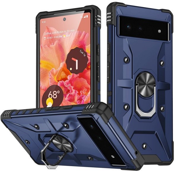 Wholesale Shockproof Tech Armor Ring Stand Rugged Case with Metal Plate for Google Pixel 7 Pro (Blue)